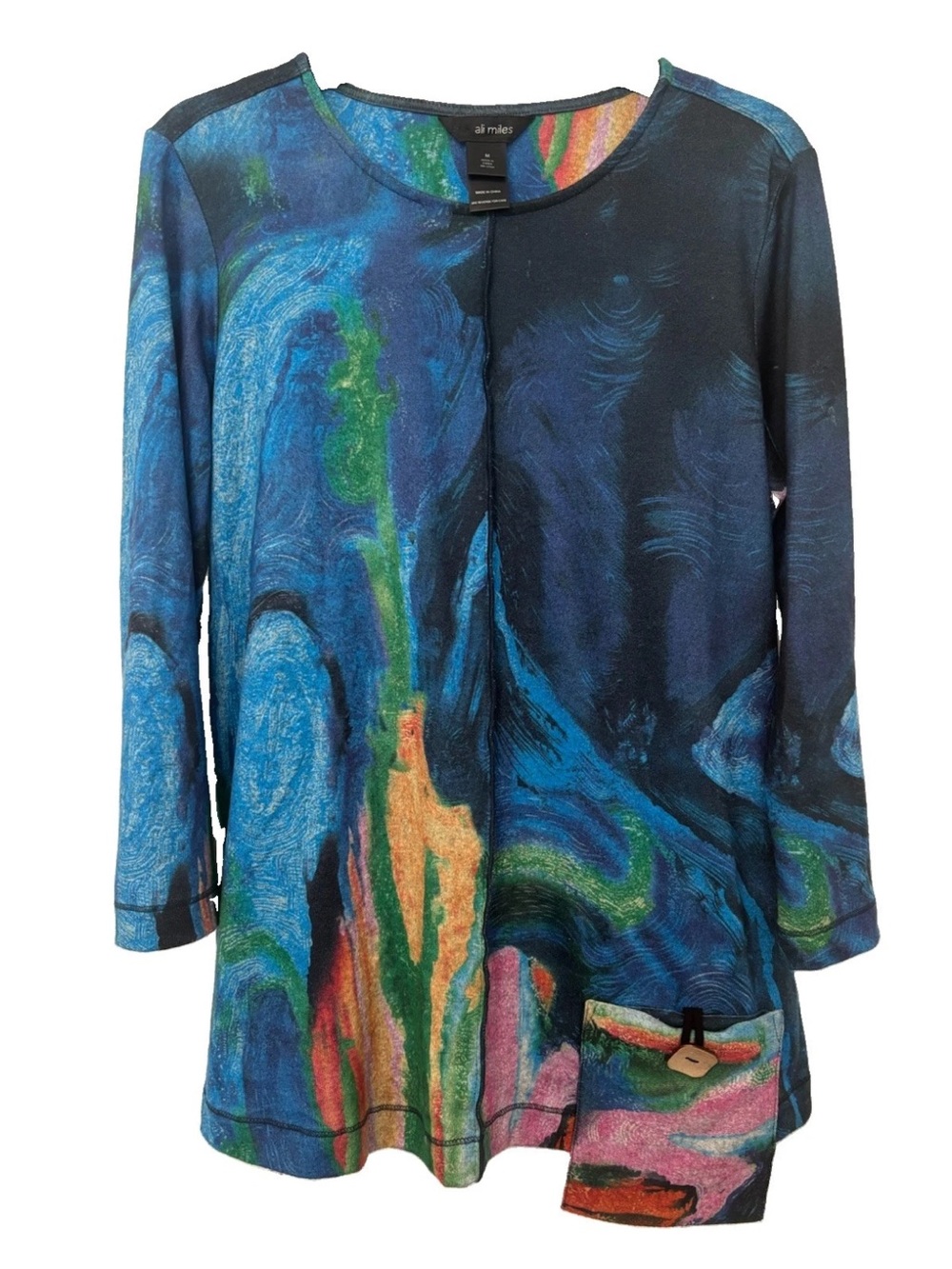 Ali Miles Blue Green Orange Abstract Art Print Knit Tunic Top